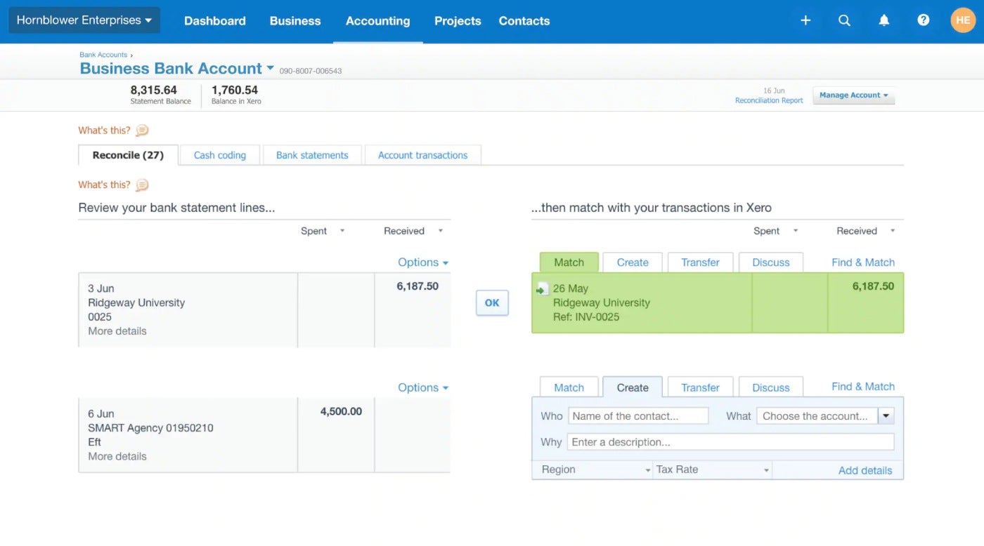 Un ejemplo de conciliación de transacciones en Xero.