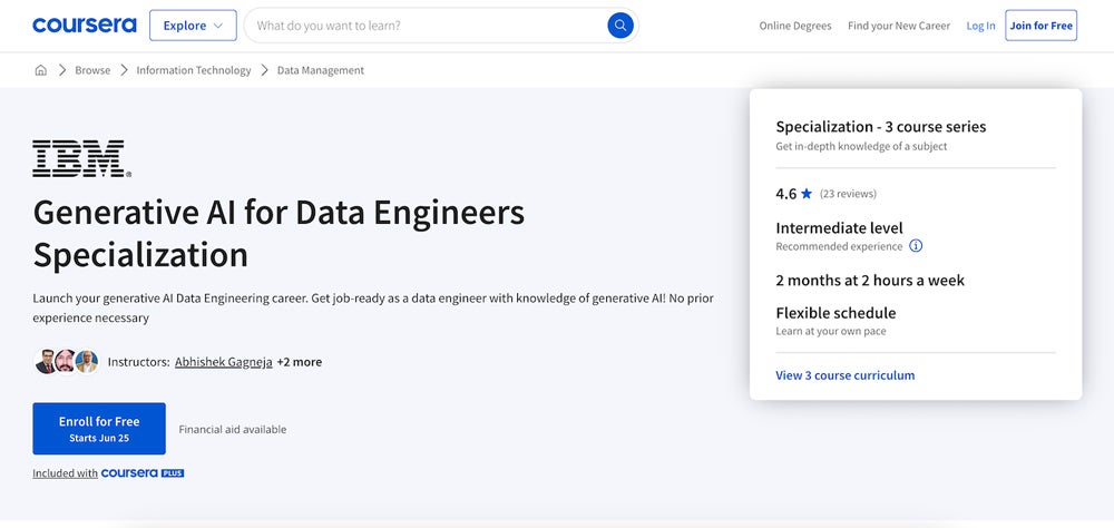 Captura de pantalla del curso de especialización en IA generativa para ingenieros de datos.