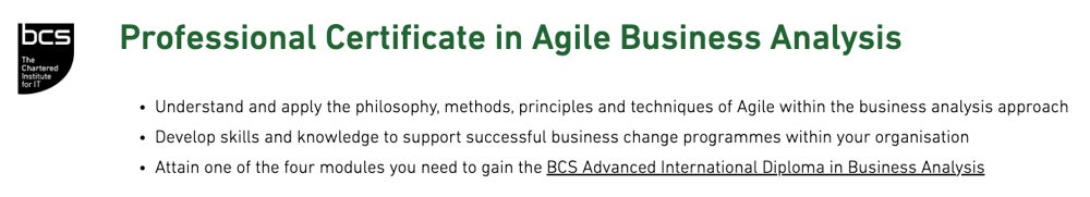 Captura de pantalla del curso Certificado Profesional en Análisis Agile de Negocios.