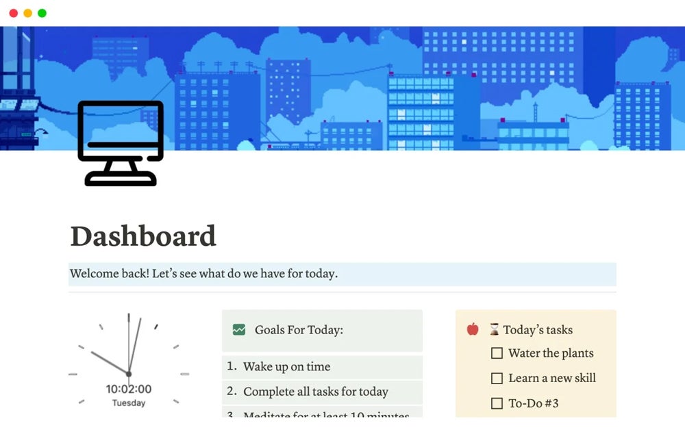 Notion dashboard showing user’s goals and their to-do list for the day.