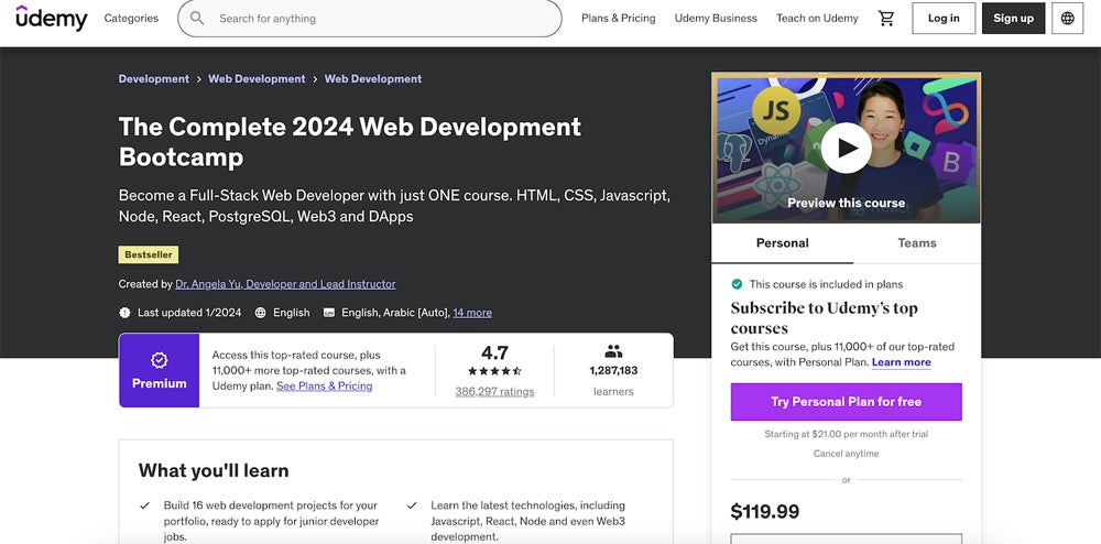 Captura de pantalla del curso Complete 2024 Web Development Bootcamp.