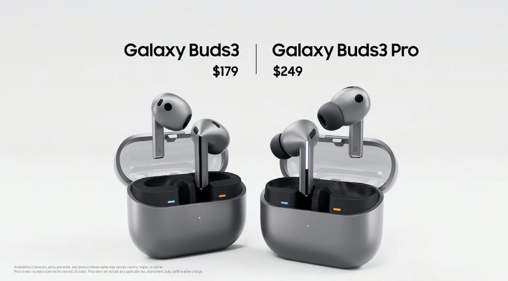 Samsung Galaxy Buds3 y Galaxy Buds Pro uno al lado del otro con el precio indicado.