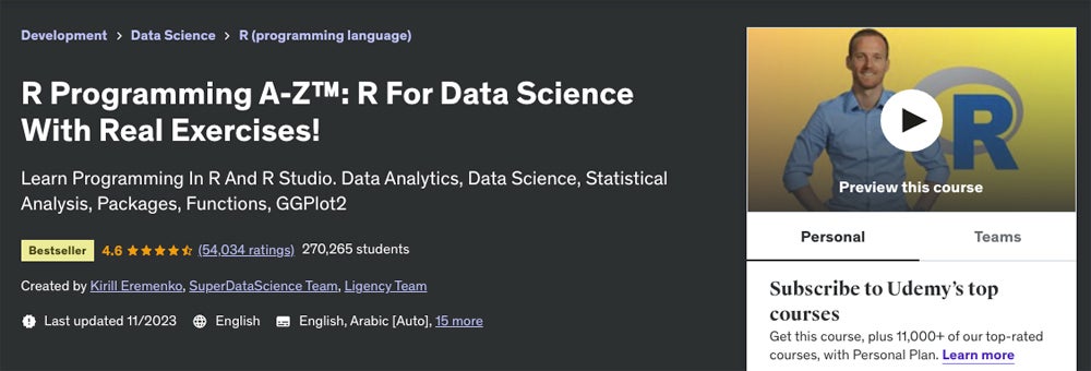 Captura de pantalla del curso R Programming AZ: R para ciencia de datos con ejercicios reales.