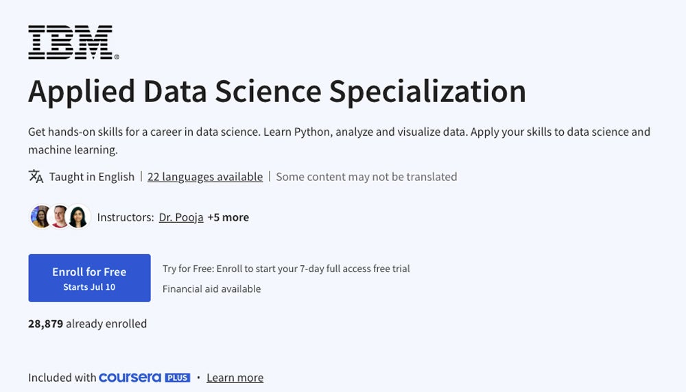 Captura de pantalla del curso de especialización en ciencia de datos aplicada.