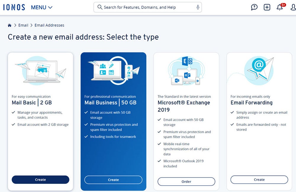 Email plan selection for IONOS.