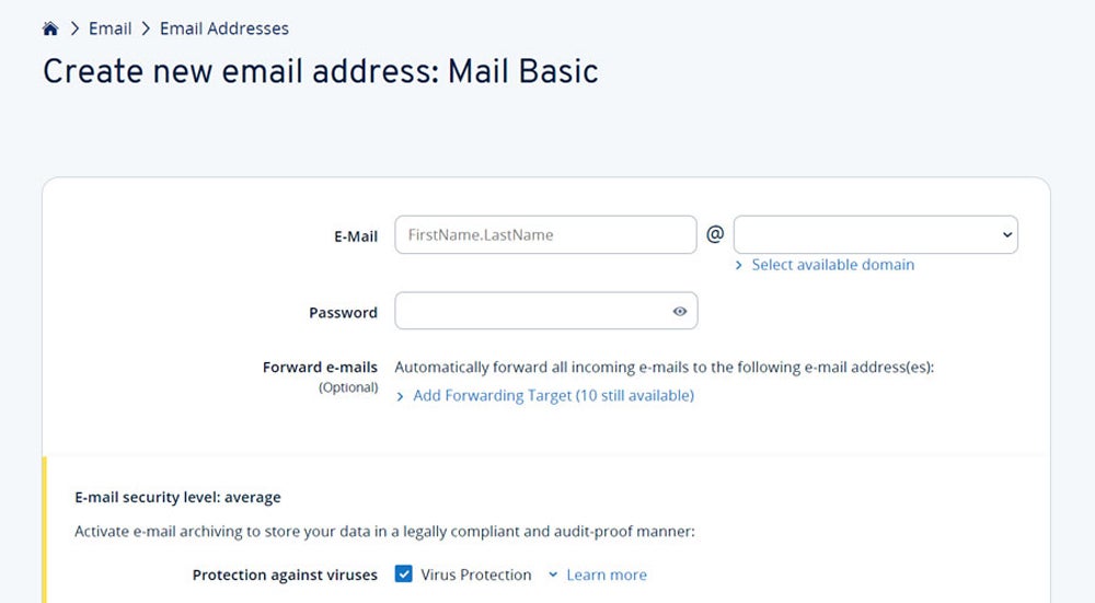 Username and password creation interface for IONOS.