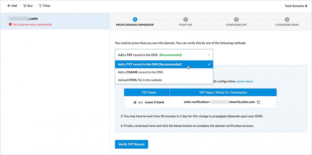 Verify domain methon in Zoho Mail.