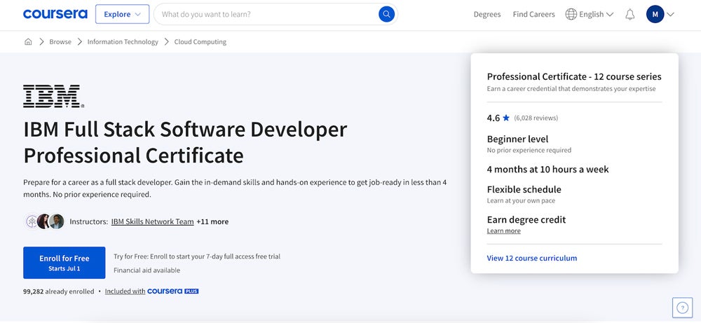 Captura de pantalla del curso IBM Full Stack Software Developer Professional Certificate.