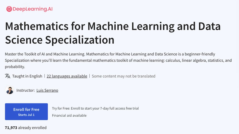 Captura de pantalla del curso de especialización en Matemáticas para aprendizaje automático y ciencia de datos.