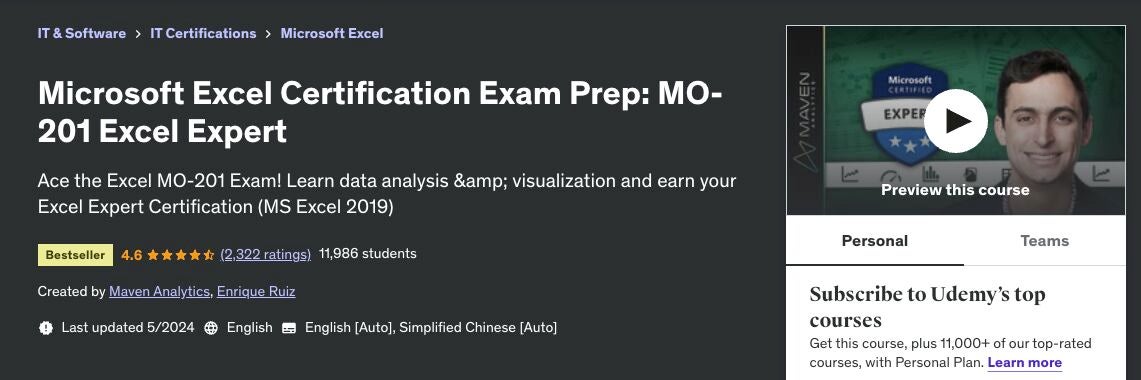 “MO-201 Excel Expert” es una de las certificaciones de Excel más reconocidas.  Imagen: Udemy/Captura de pantalla de TechRepublic