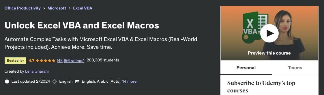 Las macros y VBA son herramientas para automatizar tareas en Excel.  Imagen: Udemy/Captura de pantalla de TechRepublic