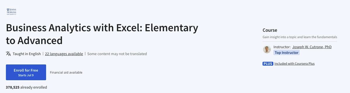 “Business Analytics with Excel” fue creado por académicos de la Universidad Johns Hopkins.  Imagen: Coursera/Captura de pantalla de TechRepublic