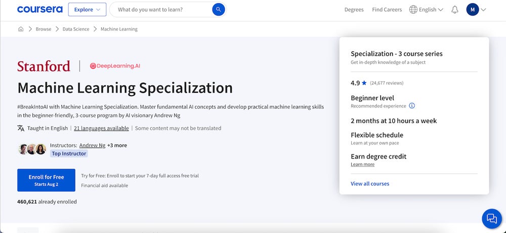 Captura de pantalla del curso de especialización en aprendizaje automático de Stanford.