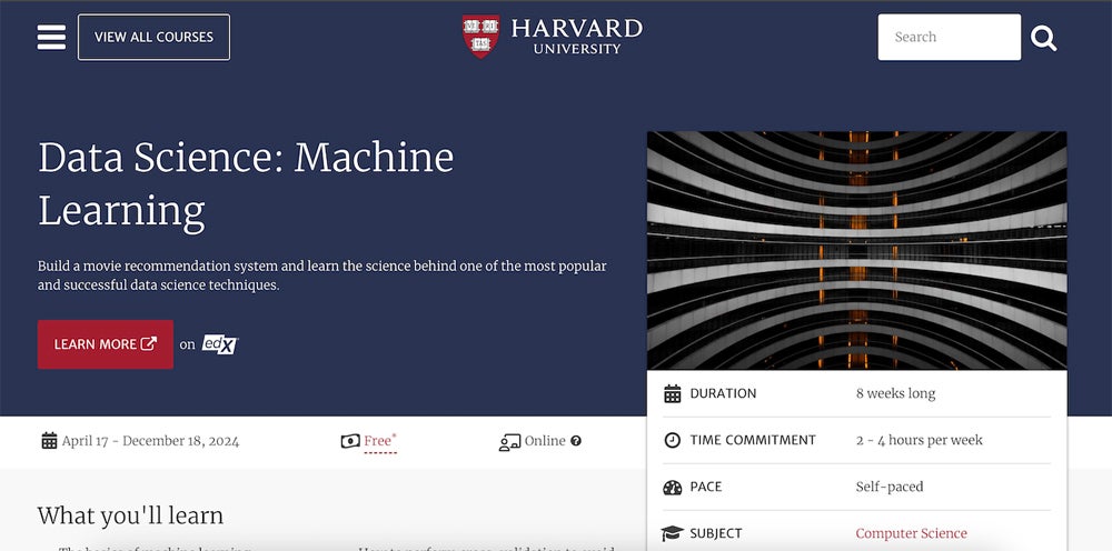 Captura de pantalla del curso Ciencia de datos: aprendizaje automático de la Universidad de Harvard.