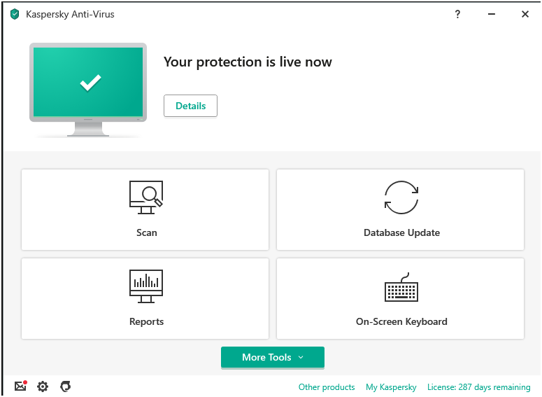 La interfaz de escritorio minimalista de Kaspersky.