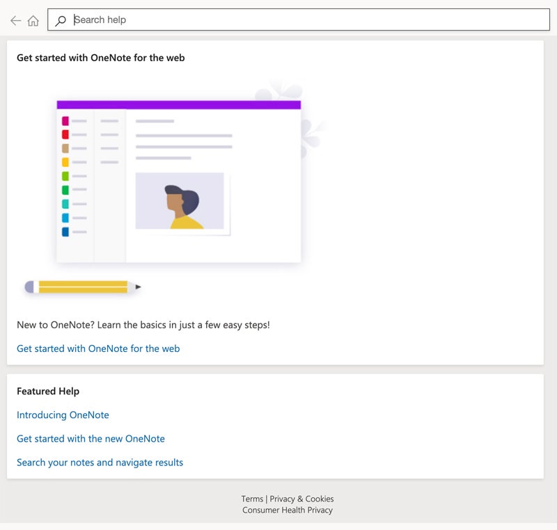 El centro de ayuda en la aplicación web OneNote.