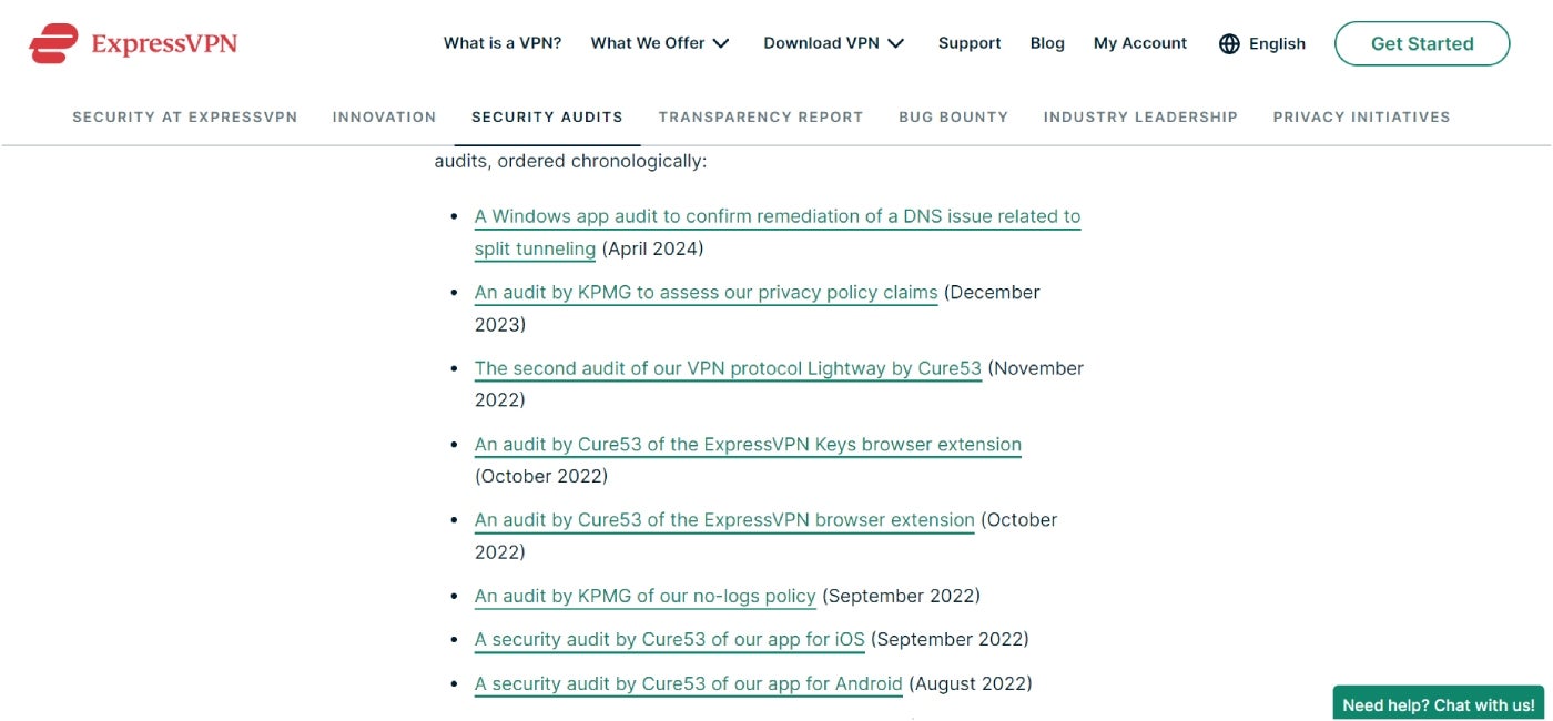 ExpressVPN’s publicly available audits.