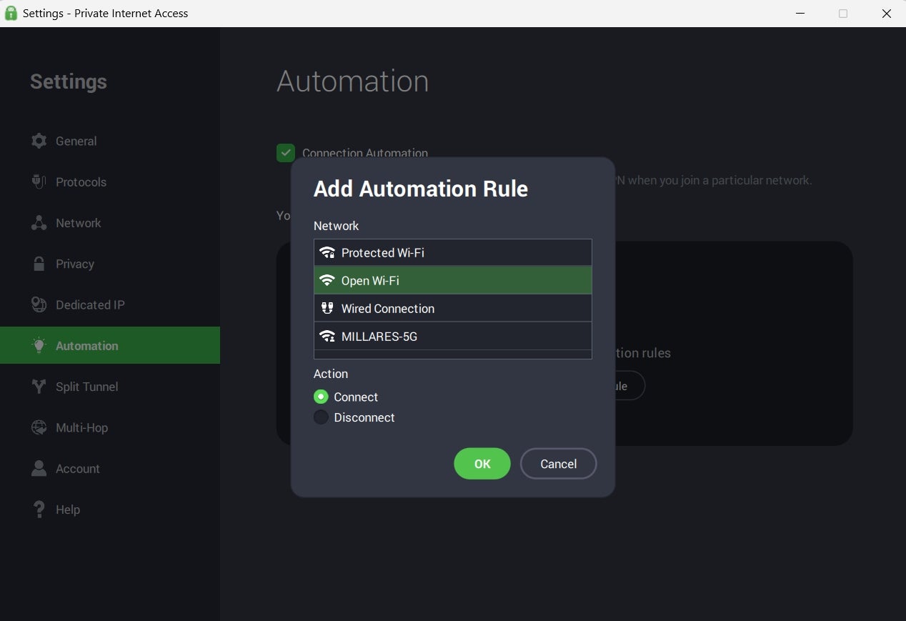 Setting up an automation rule in PIA VPN.