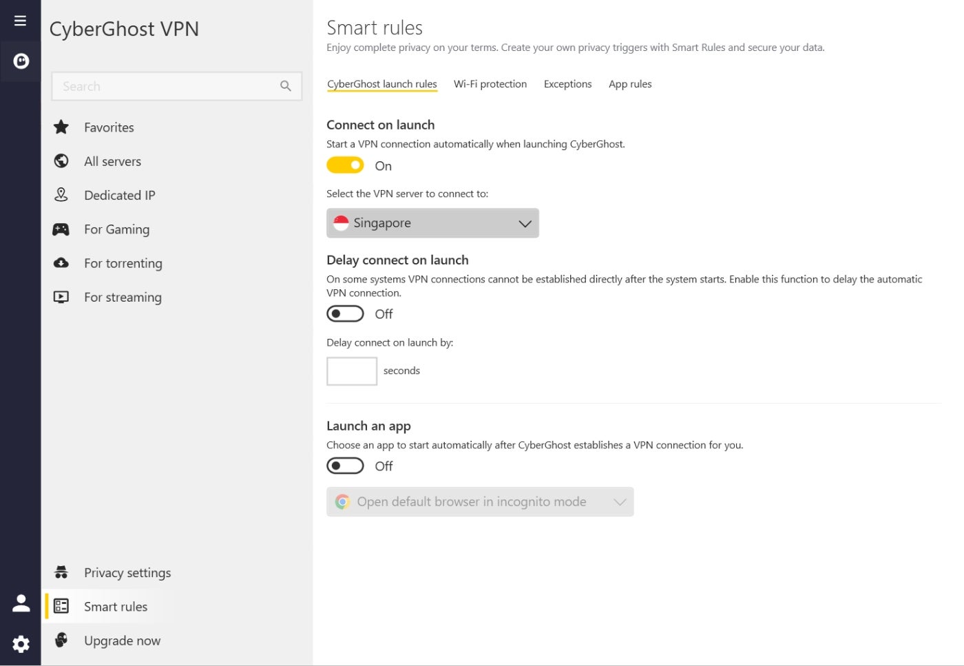 Smart Rules panel within CyberGhost VPN.