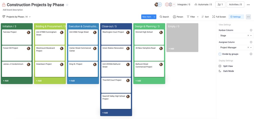 Un ejemplo de tablero Kanban en monday.com.