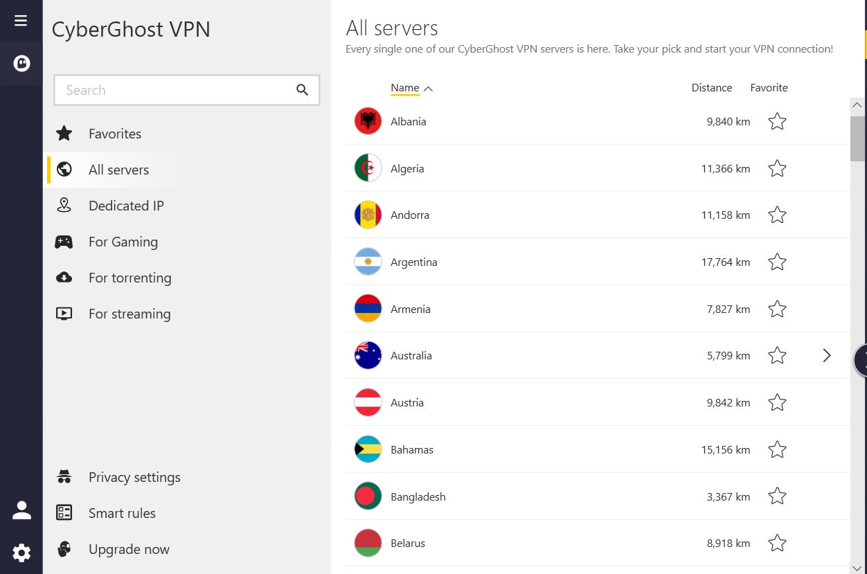 CyberGhostVPN’s server selection.