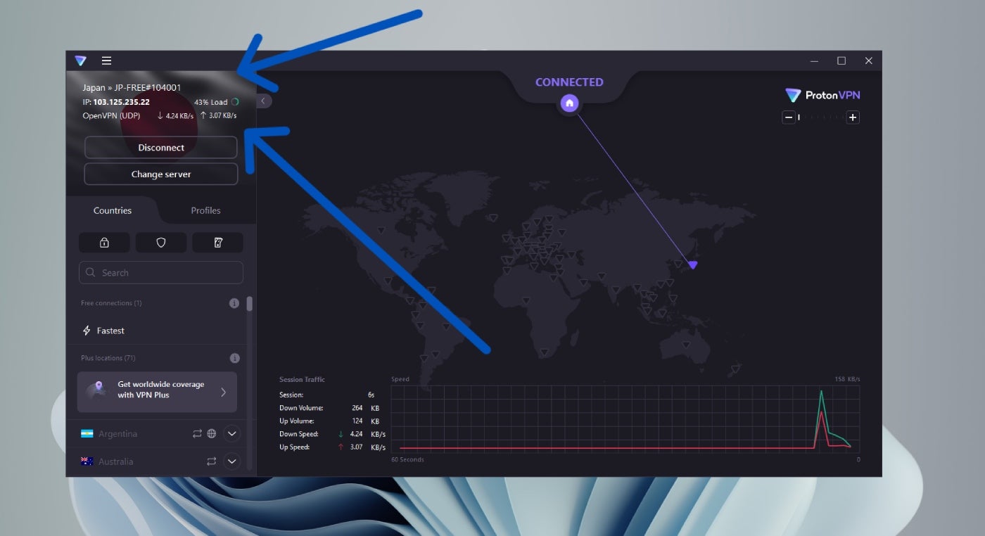 An active connection in Proton VPN.