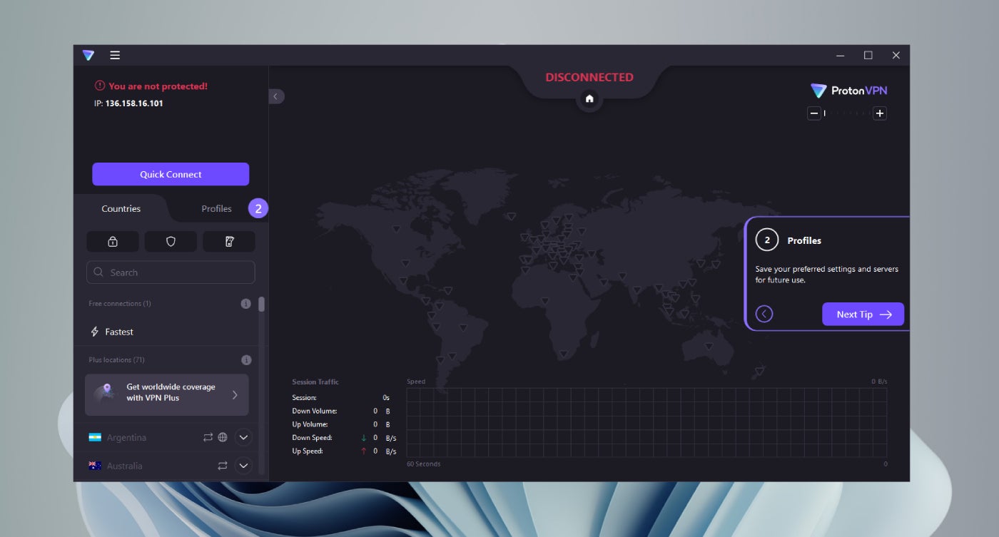 Proton VPN’s main desktop interface.