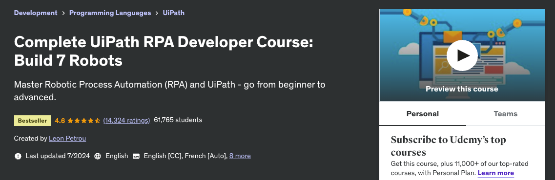 Curso completo para desarrolladores de UiPath RPA de Udemy: construye 7 robots.