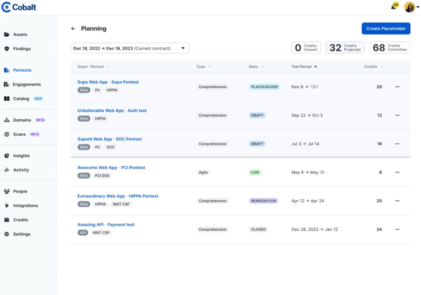 The pentest planning page in the Cobalt app.