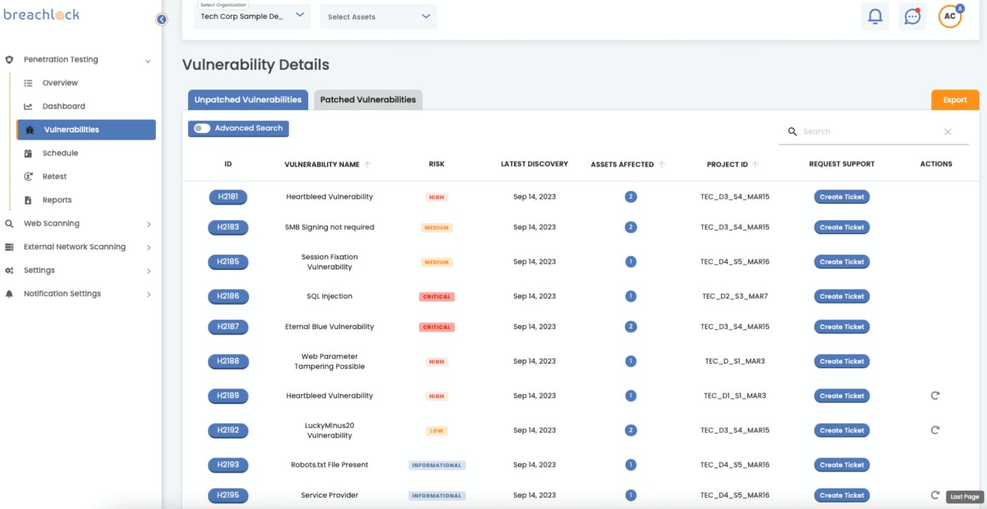 The vulnerabilities page in the BreachLock app.