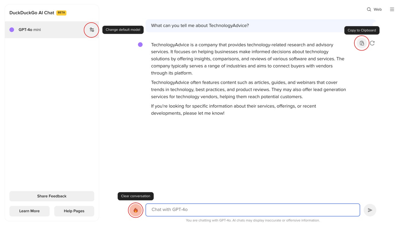 Opciones de Duck.ai para cambiar, copiar y borrar.