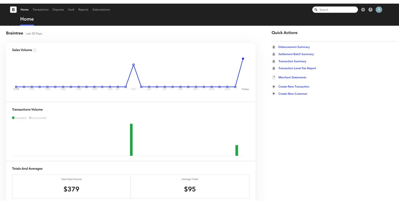 The Braintree dashboard.