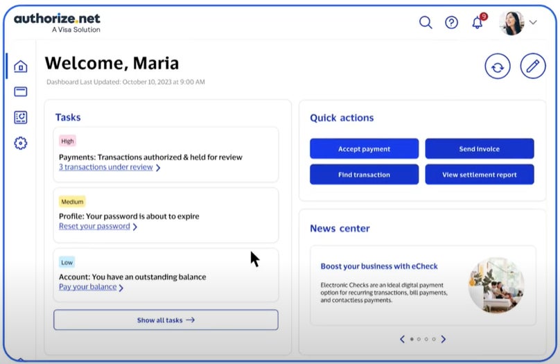 The Authorize.net dashboard.