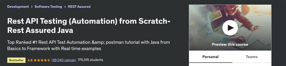 Udemy - Rest API Testing (Automation) from Scratch course title screenshot.