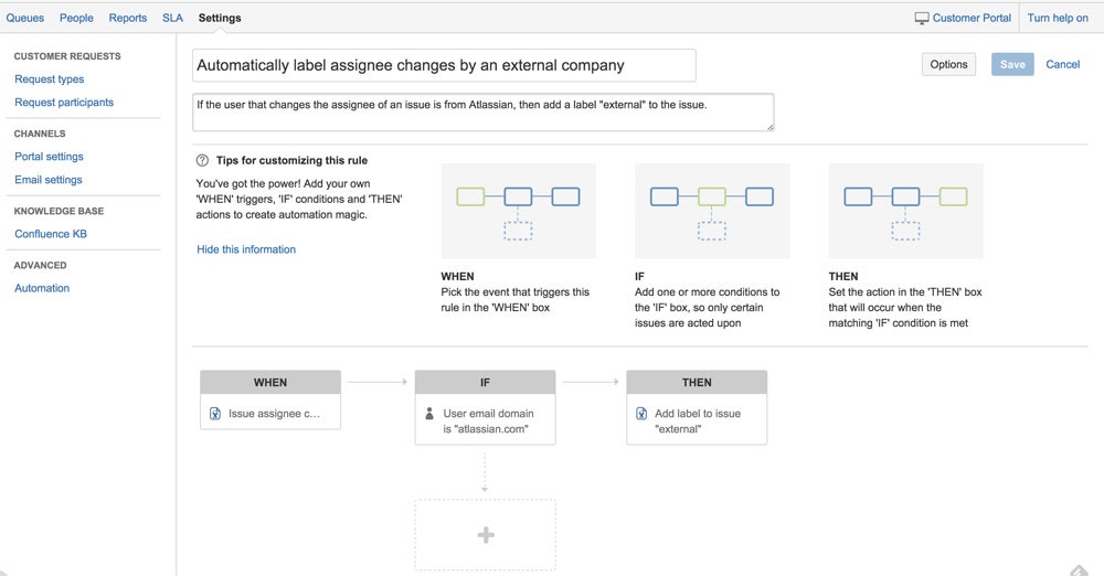 Jira’s no-code rule builder for automation.