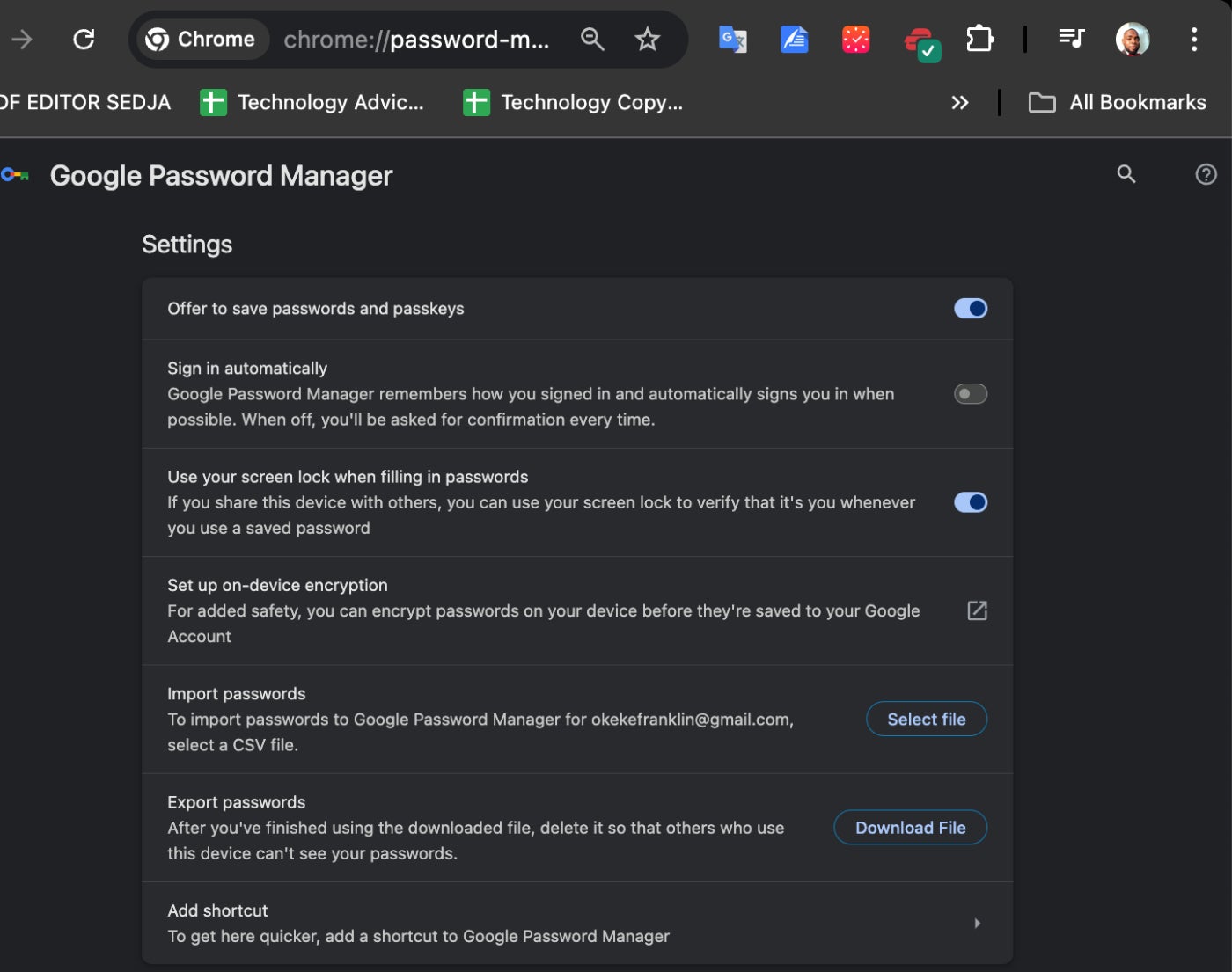 Google Password Manager’s import and export options.