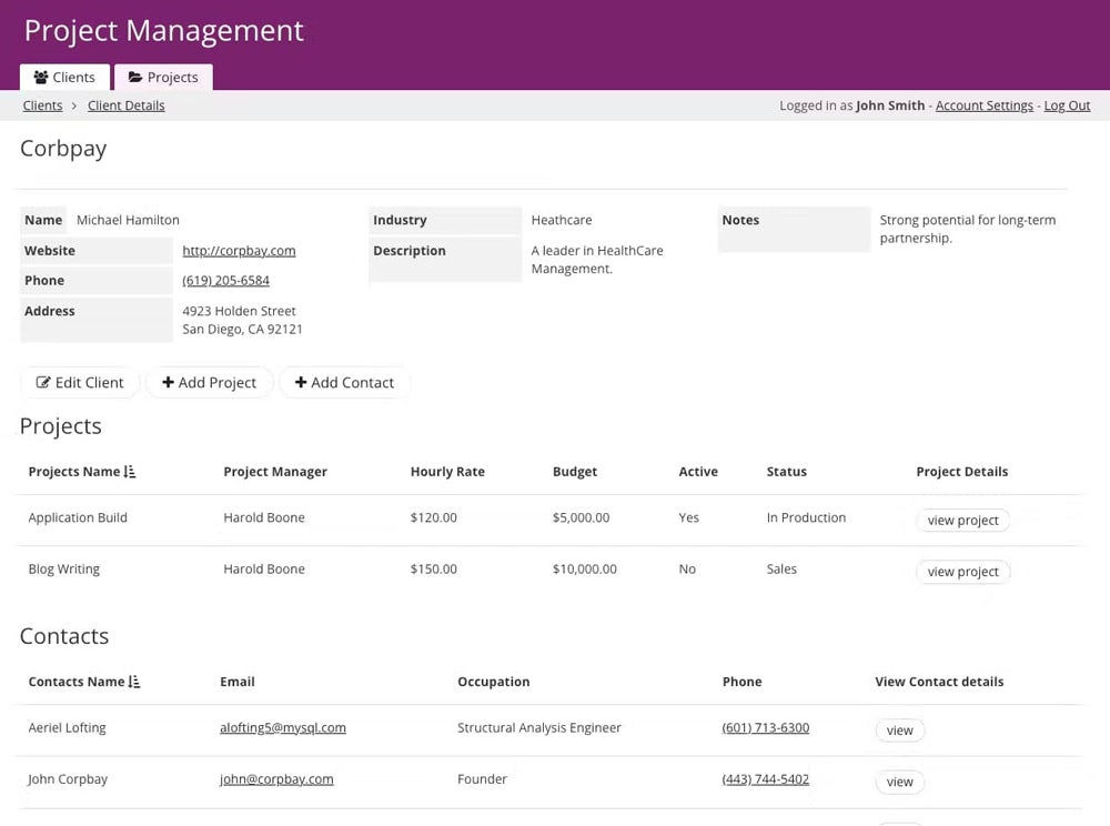 Panel de descripción general del cliente en la base de datos de gestión de proyectos de Knack.