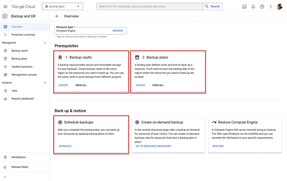 Después de crear una bóveda de respaldo, defina su programación y podrá restaurar las máquinas virtuales de Compute Engine desde allí.