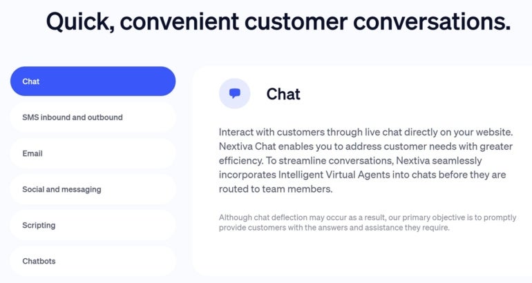 Conversaciones rápidas y convenientes con los clientes a través de chat, SMS entrantes y salientes, correo electrónico, redes sociales y mensajería, secuencias de comandos y chatbots. 