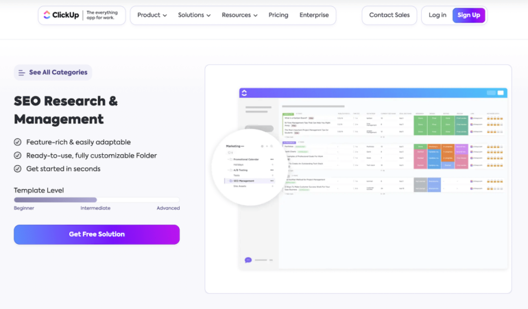 ClickUp’s SEO research & management template landing page, showing an animated example of the template used for tracking SEO tasks.