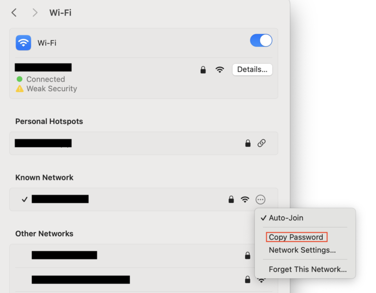 Debes copiar la contraseña de Wi-Fi para poder verla en una Mac. 