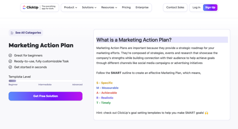 A ClickUp landing page to access its marketing action plan template, showing a preview with the SMART acronym in different colors for each letter.