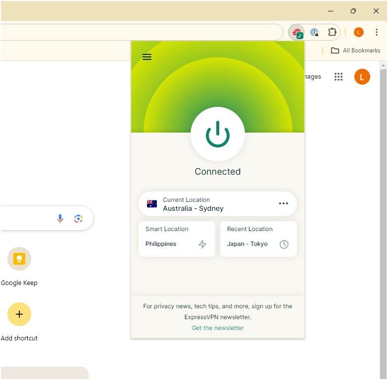 ExpressVPN’s browser extension on Chrome. 