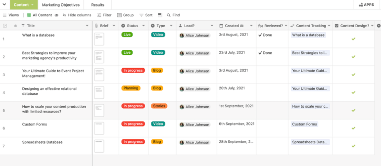 A Stackby project board showing title of a task, its status, type of content, and other columns for organization. 