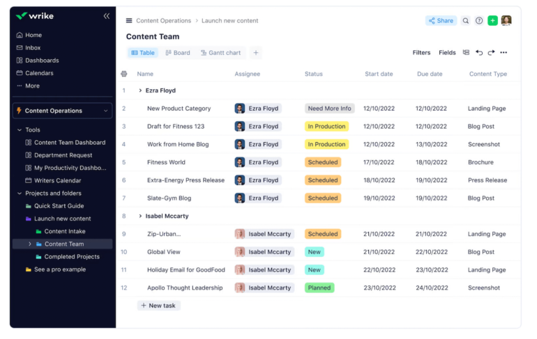 A Wrike dashboard with views and folders in a navigation menu on the left and tasks assigned by status and assignee in the main window. 