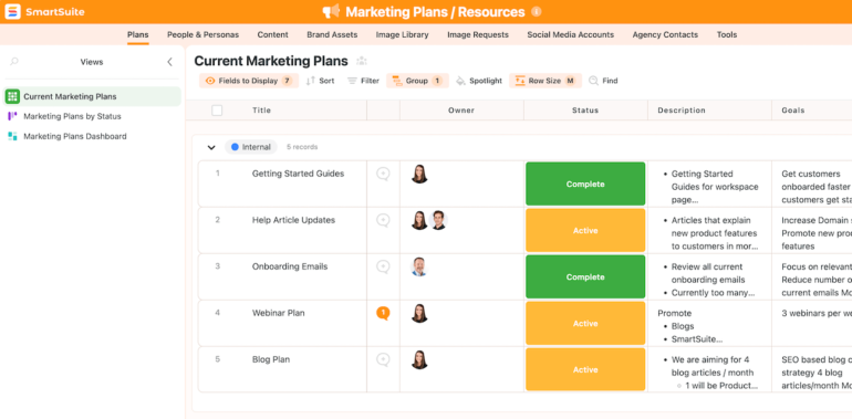 A content marketing plan within SmartSuite, showing different tasks with a green status indicator for complete and yellow indicator for active. 