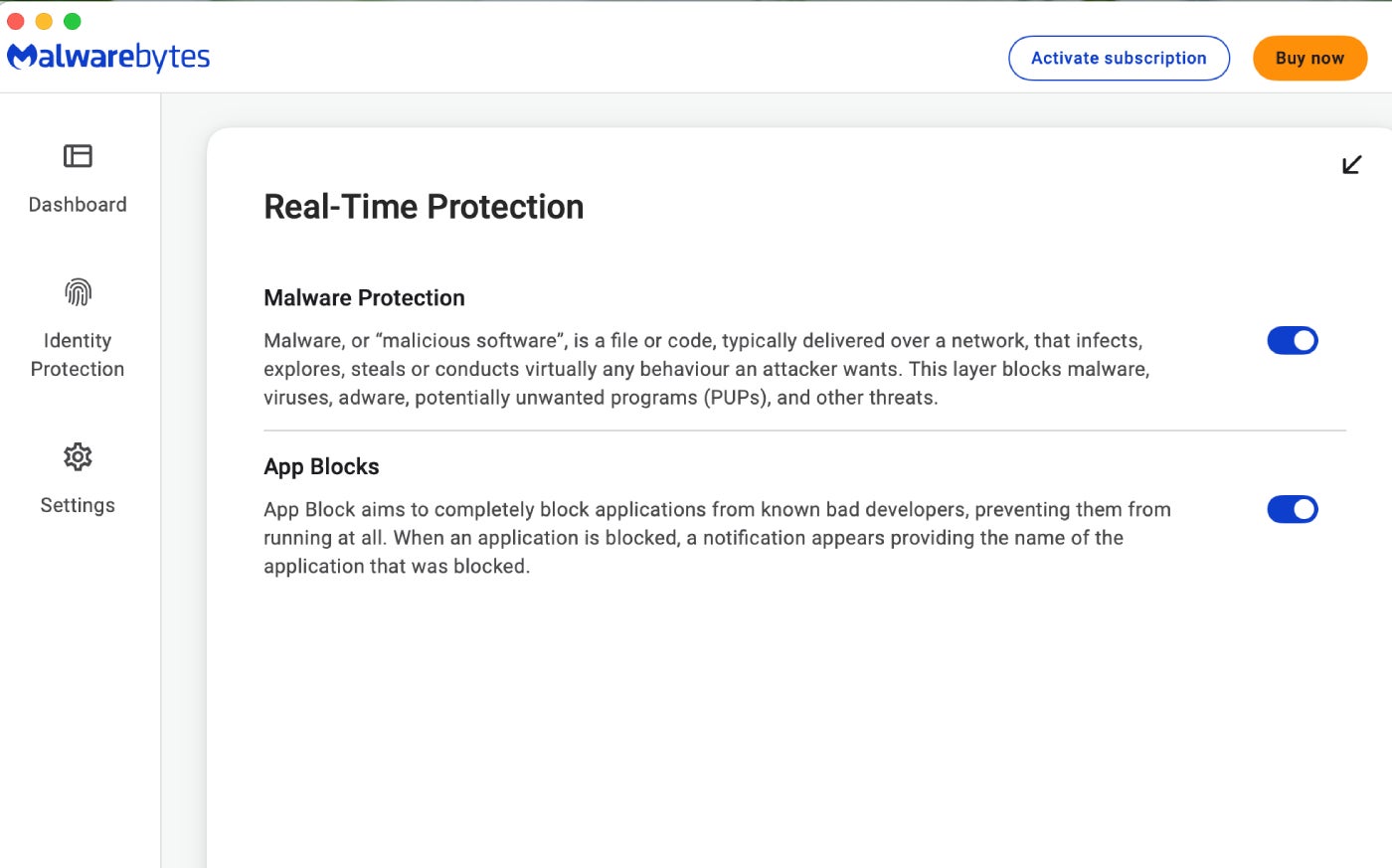 The real-time protection options from Malwarebytes.