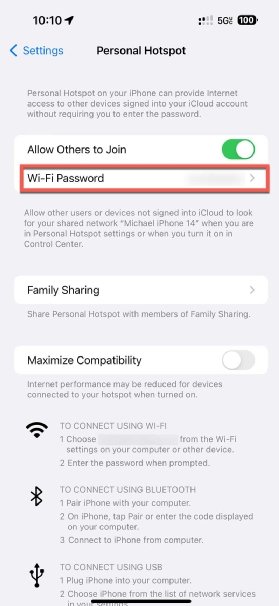 Captura de pantalla que muestra cómo acceder a la configuración del punto de acceso móvil en iOS.