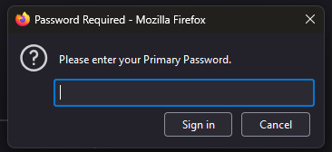 La ventana emergente para ingresar la contraseña principal de Firefox.