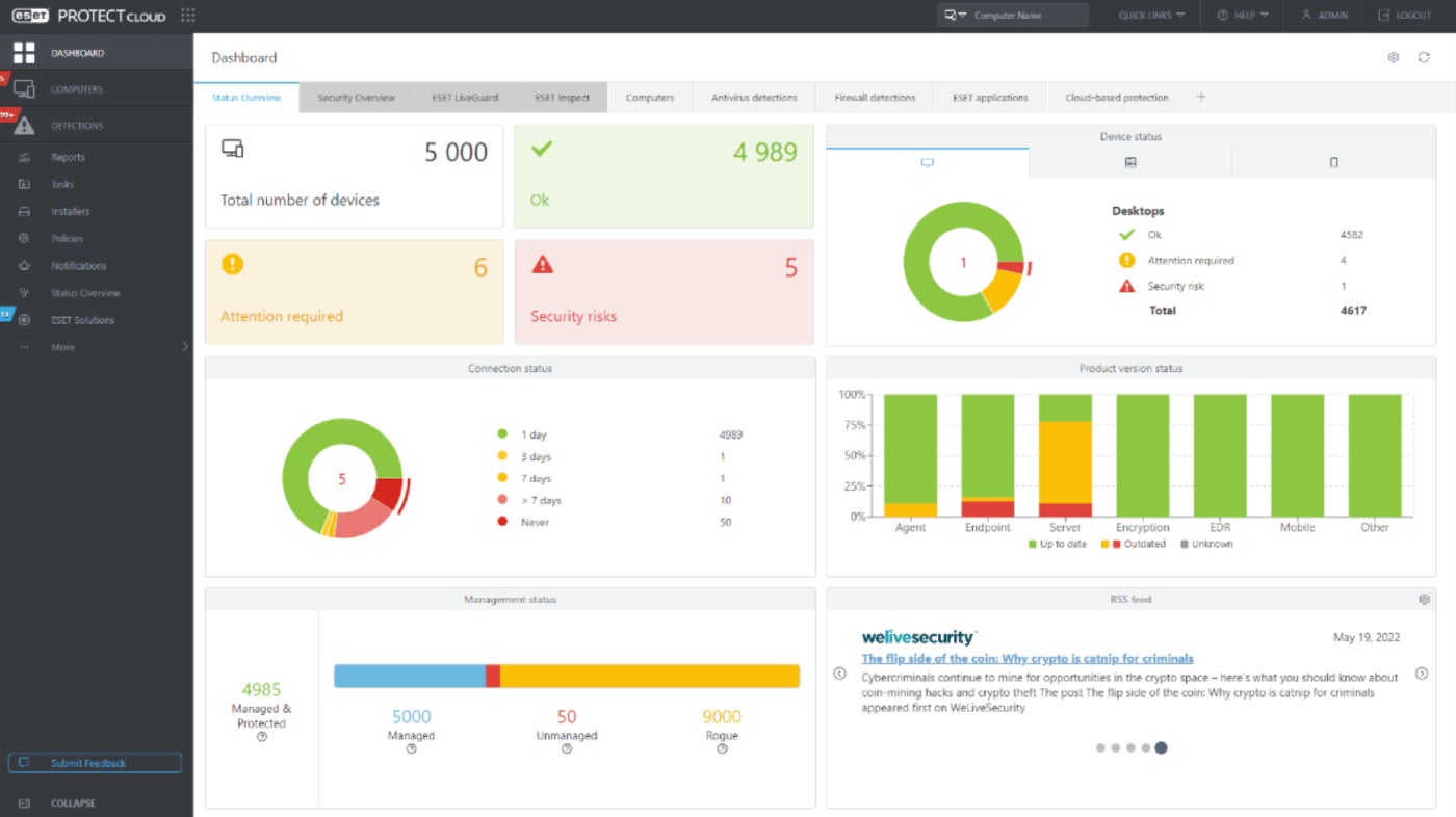 The cloud version of the dashboard in ESET Protect software.